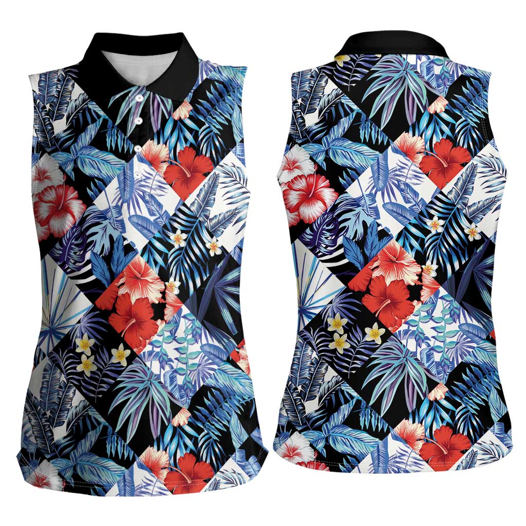 Hawaii Tropicana Blue Pattern Women Sleeveless Polo Shirt - Polynesian Pride