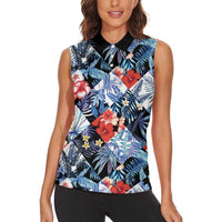 Hawaii Tropicana Blue Pattern Women Sleeveless Polo Shirt - Polynesian Pride