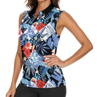 Hawaii Tropicana Blue Pattern Women Sleeveless Polo Shirt - Polynesian Pride