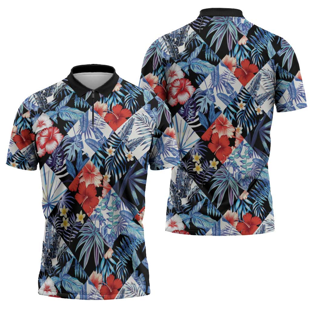 Hawaii Tropicana Blue Pattern Zipper Polo Shirt - Polynesian Pride