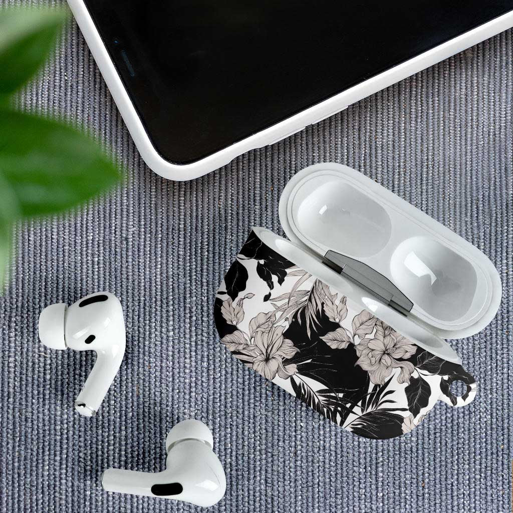Black White Monotone Tropical Flowers Pattern AirPods Case - Polynesian Pride
