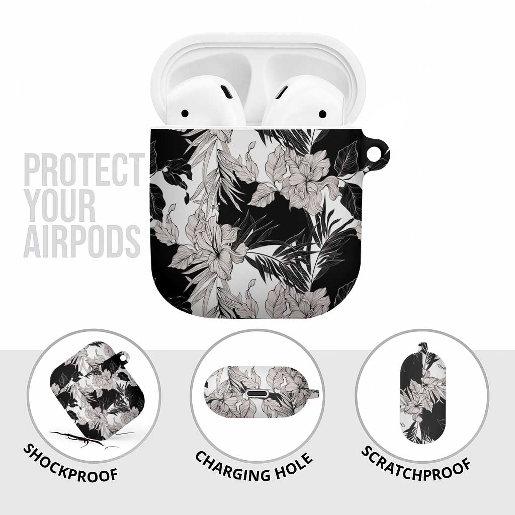 Black White Monotone Tropical Flowers Pattern AirPods Case - Polynesian Pride