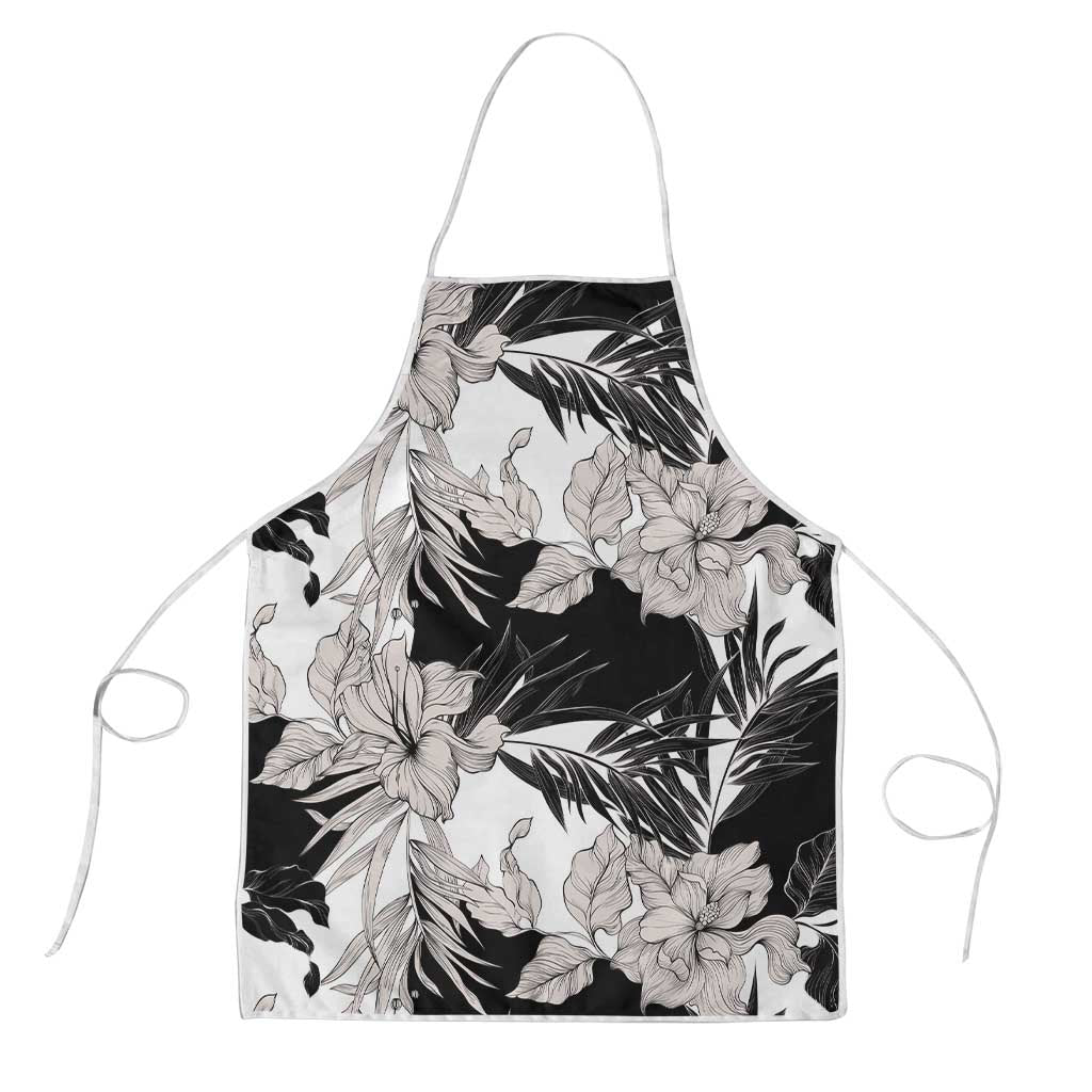 Black White Monotone Tropical Flowers Pattern Apron - Polynesian Pride