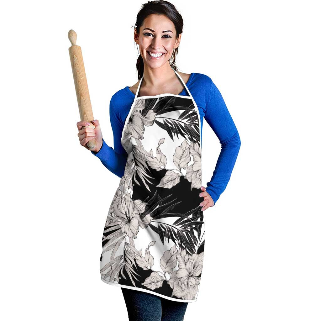 Black White Monotone Tropical Flowers Pattern Apron - Polynesian Pride