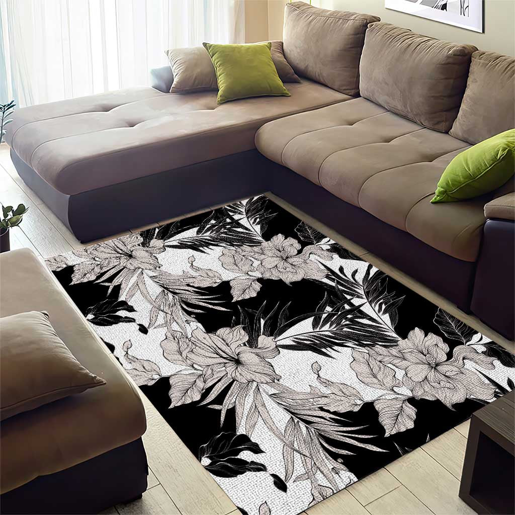 Black White Monotone Tropical Flowers Pattern Area Rug - Polynesian Pride