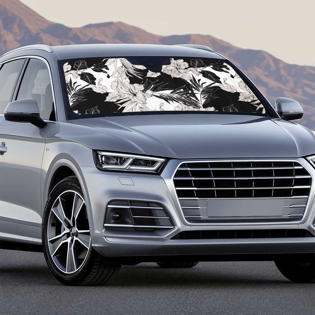 Black White Monotone Tropical Flowers Pattern Auto Sun Shade - Polynesian Pride