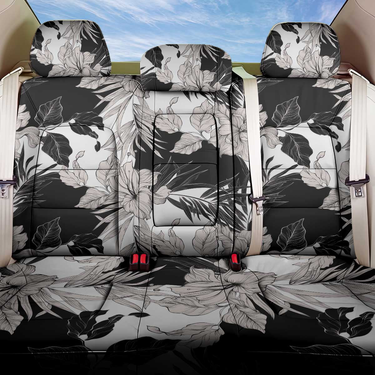 Black White Monotone Tropical Flowers Pattern Back Car Seat Cover - Polynesian Pride