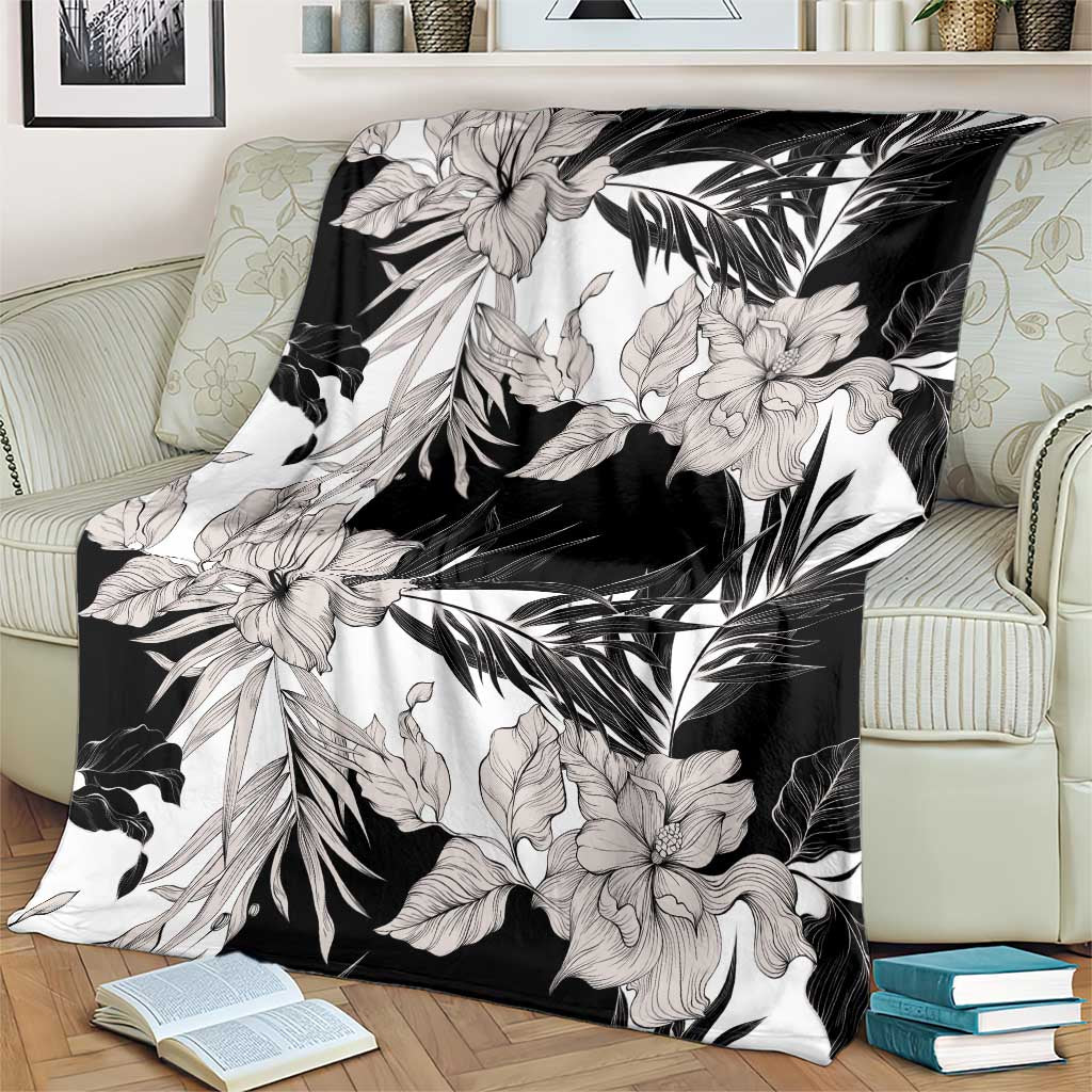Black White Monotone Tropical Flowers Pattern Blanket - Polynesian Pride