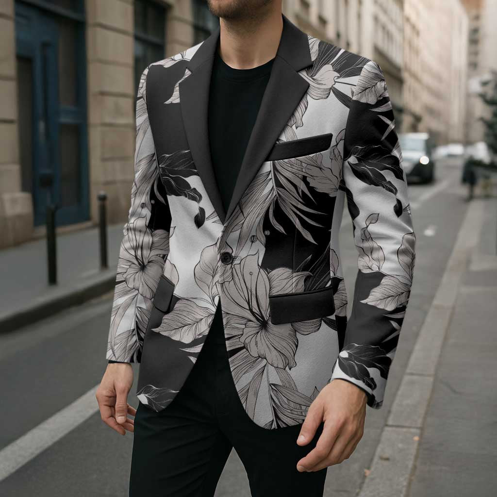 Black White Monotone Tropical Flowers Pattern Blazer - Polynesian Pride