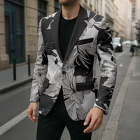 Black White Monotone Tropical Flowers Pattern Blazer - Polynesian Pride