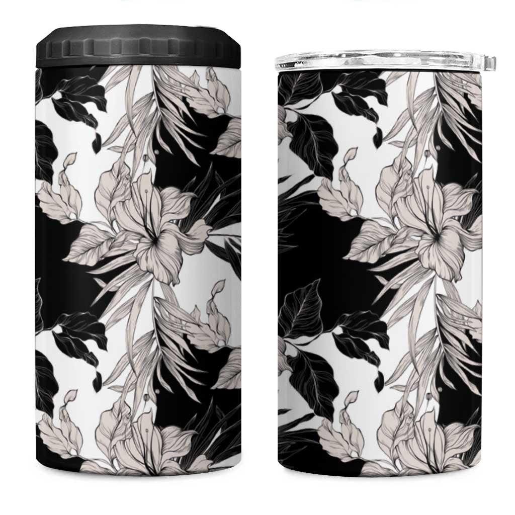 Black White Monotone Tropical Flowers Pattern 4 in 1 Can Cooler Tumbler - Polynesian Pride