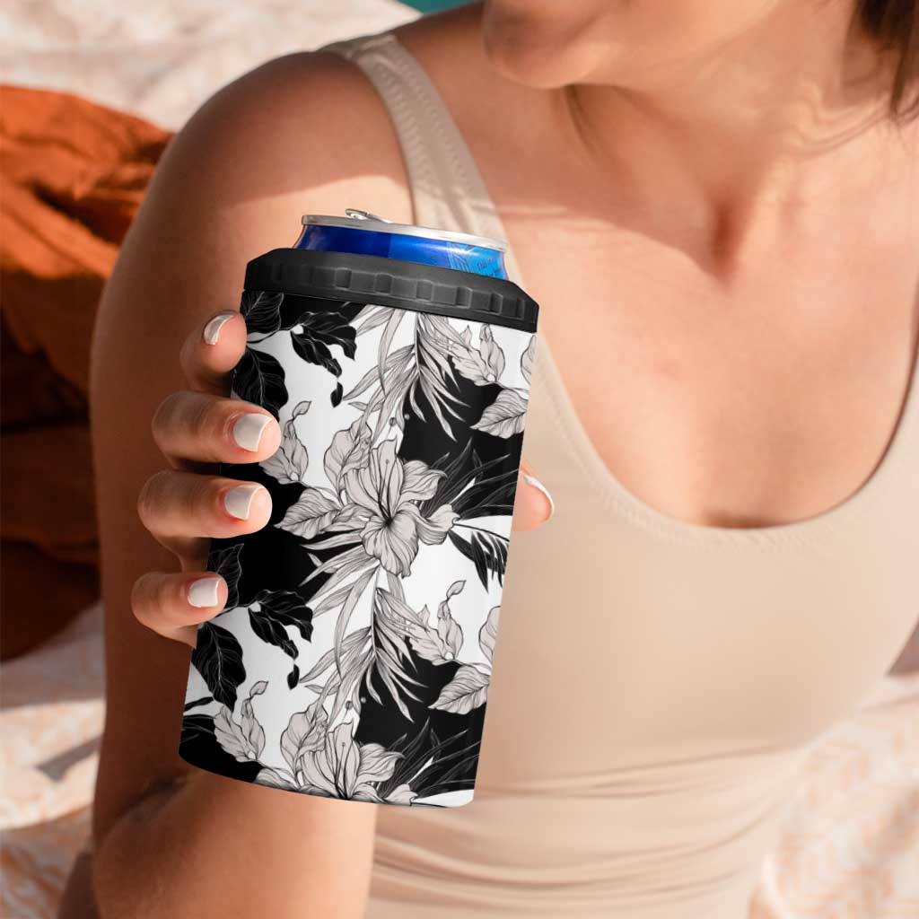 Black White Monotone Tropical Flowers Pattern 4 in 1 Can Cooler Tumbler - Polynesian Pride