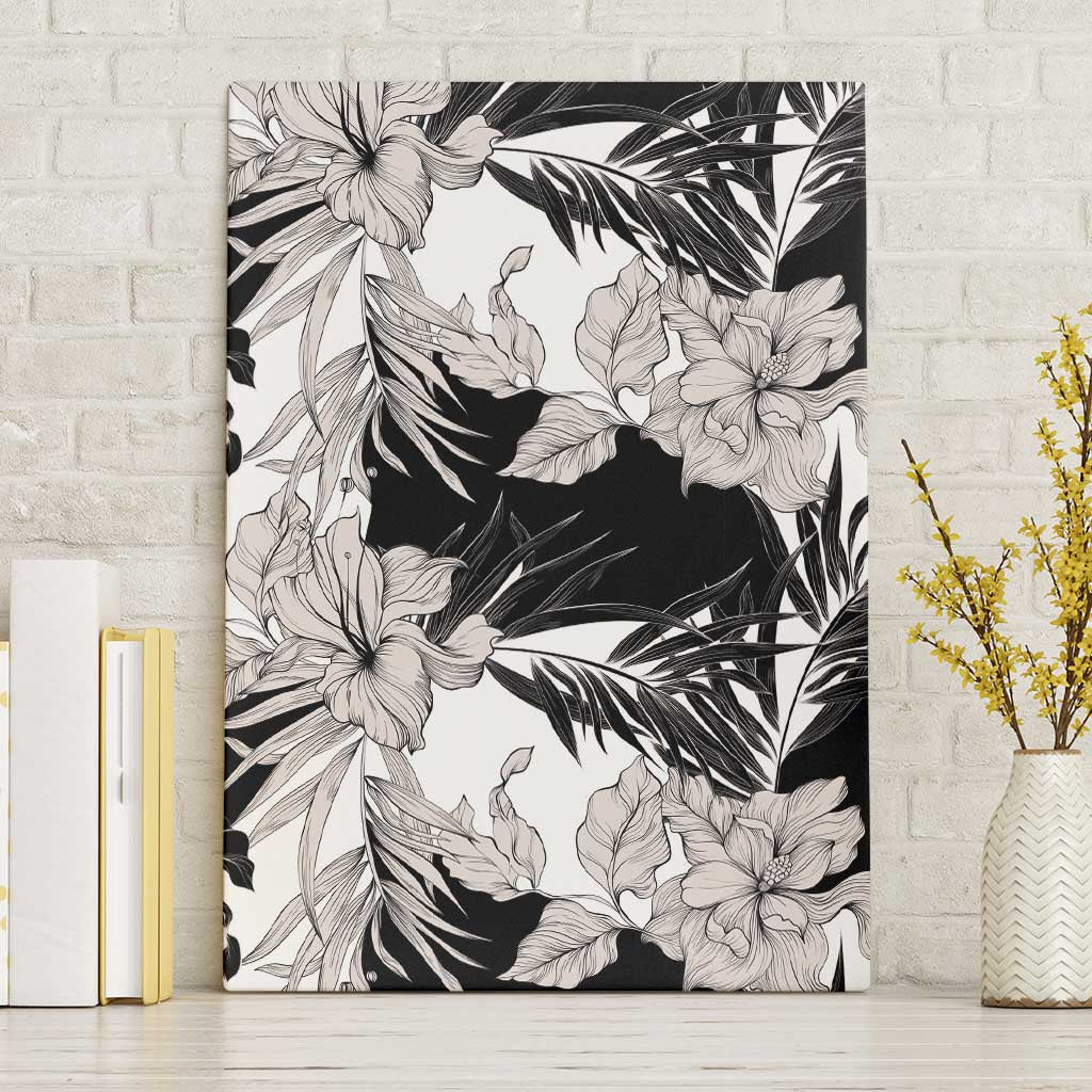 Black White Monotone Tropical Flowers Pattern Canvas Wall Art - Polynesian Pride