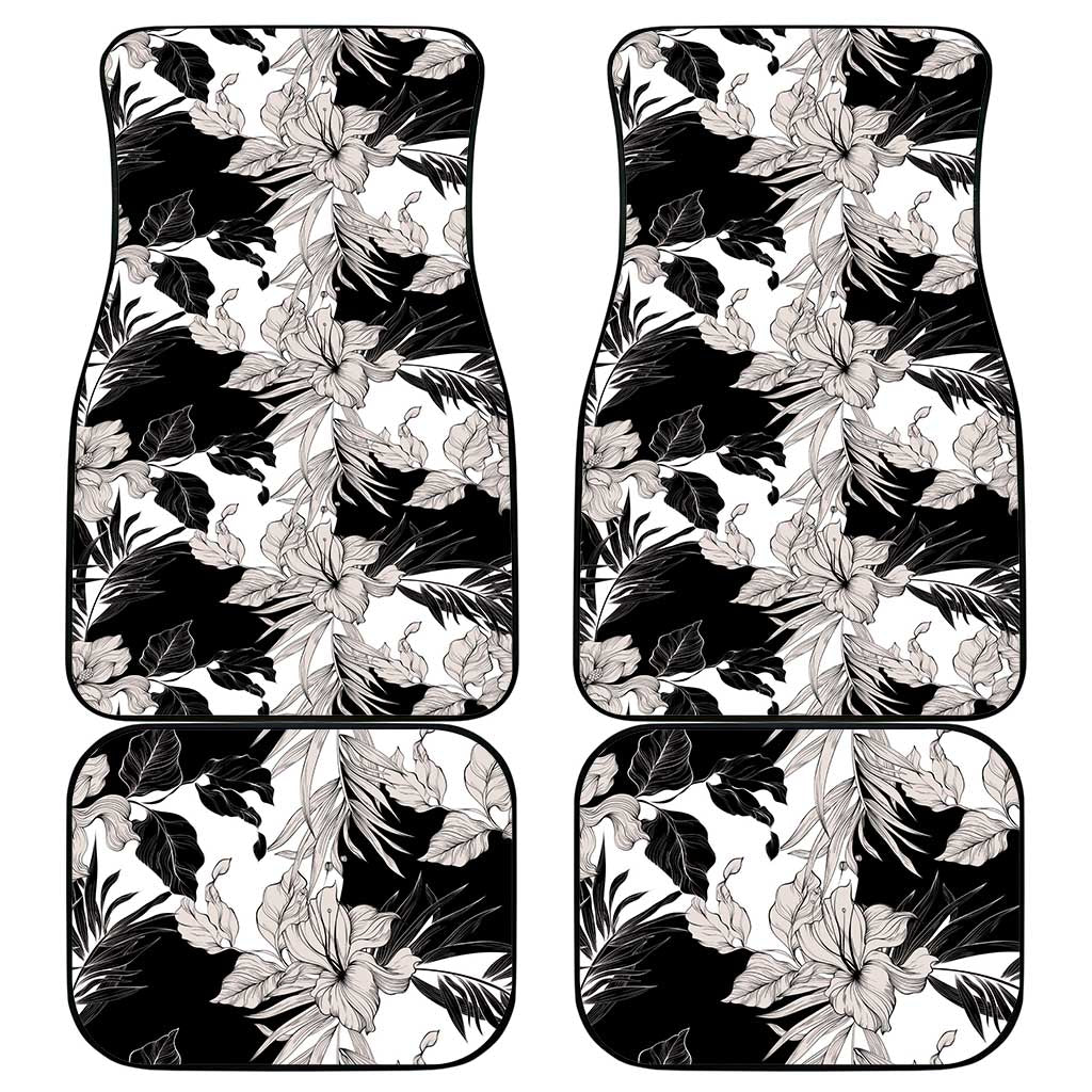 Black White Monotone Tropical Flowers Pattern Car Mats - Polynesian Pride
