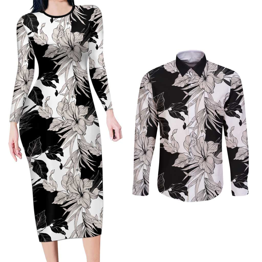 Black White Monotone Tropical Flowers Pattern Couples Matching Long Sleeve Bodycon Dress and Long Sleeve Button Shirt - Polynesian Pride