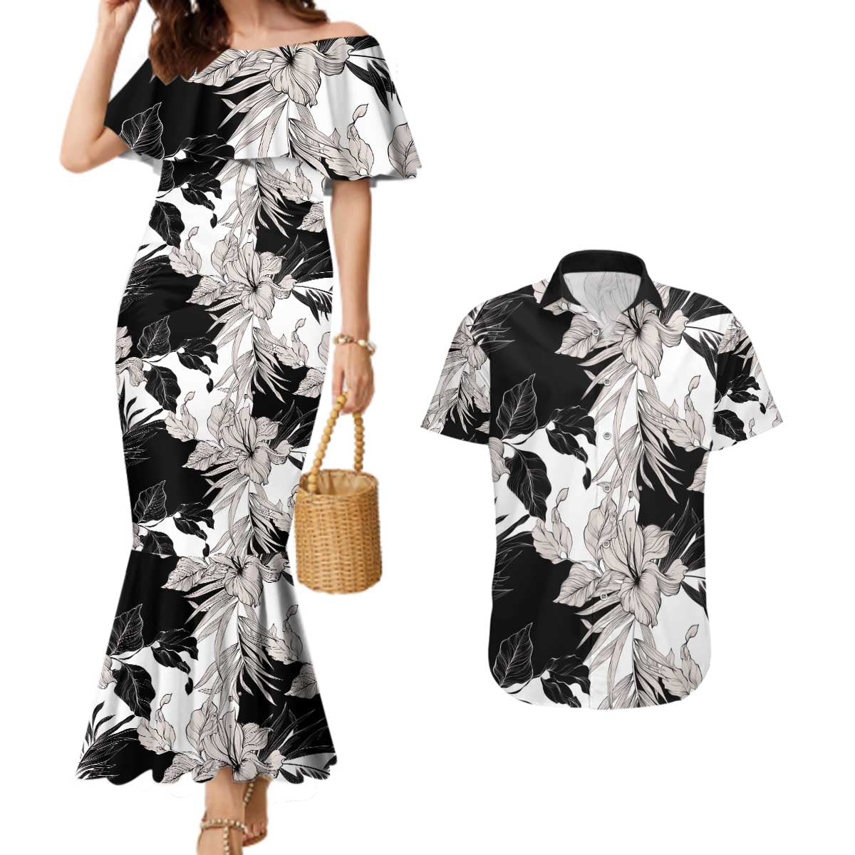 Black White Monotone Tropical Flowers Pattern Couples Matching Mermaid Dress and Hawaiian Shirt - Polynesian Pride