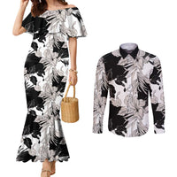 Black White Monotone Tropical Flowers Pattern Couples Matching Mermaid Dress and Long Sleeve Button Shirt - Polynesian Pride