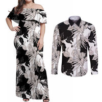 Black White Monotone Tropical Flowers Pattern Couples Matching Off Shoulder Maxi Dress and Long Sleeve Button Shirt - Polynesian Pride