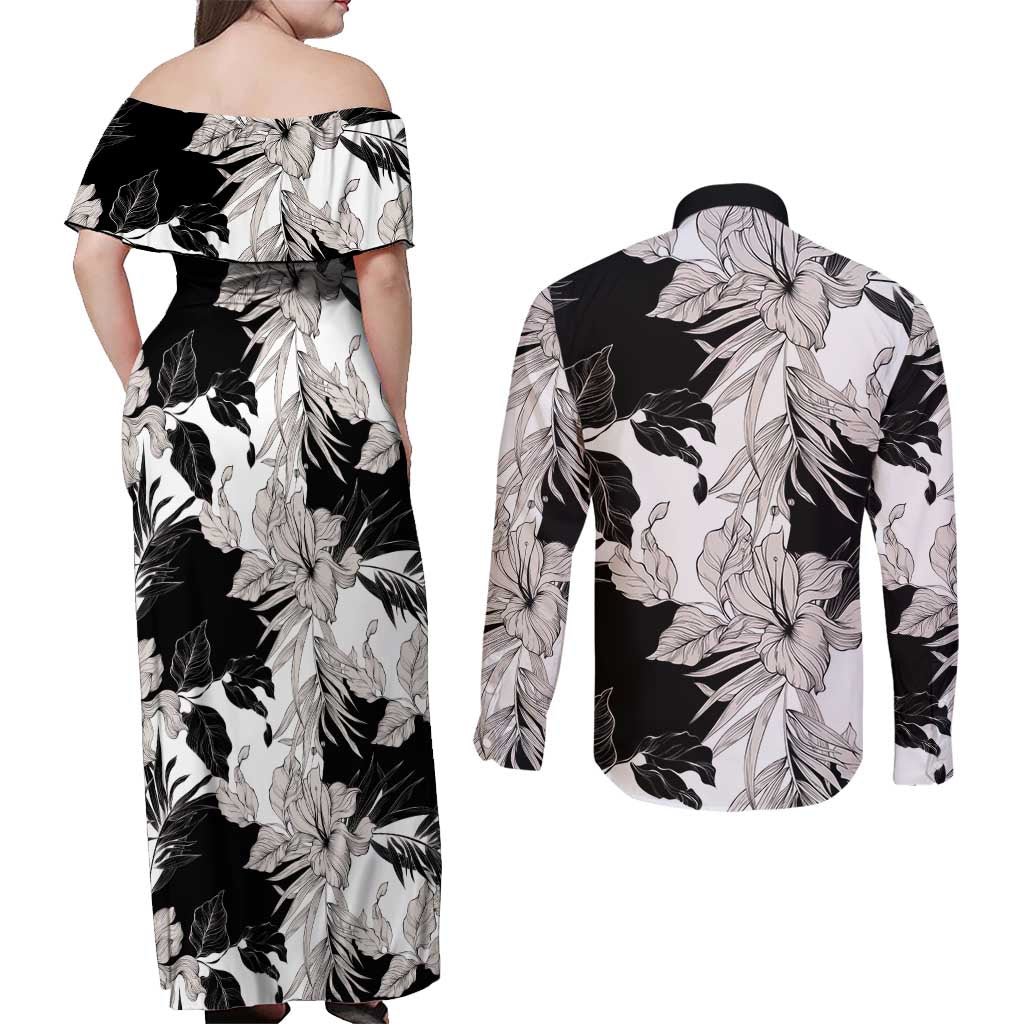 Black White Monotone Tropical Flowers Pattern Couples Matching Off Shoulder Maxi Dress and Long Sleeve Button Shirt - Polynesian Pride