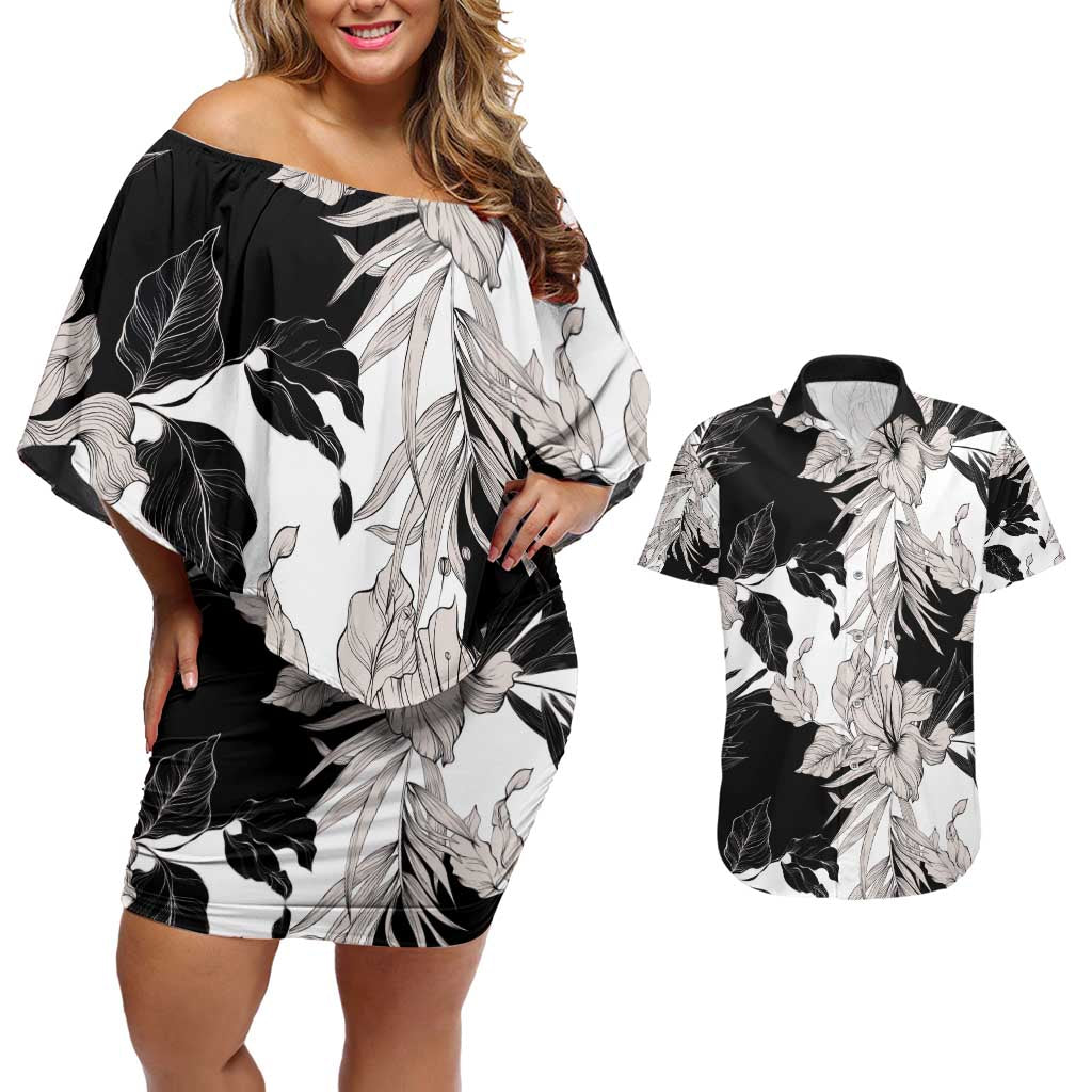 Black White Monotone Tropical Flowers Pattern Couples Matching Off Shoulder Short Dress and Hawaiian Shirt - Polynesian Pride