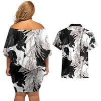 Black White Monotone Tropical Flowers Pattern Couples Matching Off Shoulder Short Dress and Hawaiian Shirt - Polynesian Pride