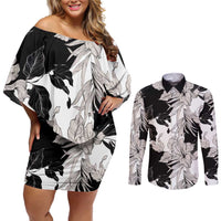 Black White Monotone Tropical Flowers Pattern Couples Matching Off Shoulder Short Dress and Long Sleeve Button Shirt - Polynesian Pride