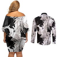 Black White Monotone Tropical Flowers Pattern Couples Matching Off Shoulder Short Dress and Long Sleeve Button Shirt - Polynesian Pride