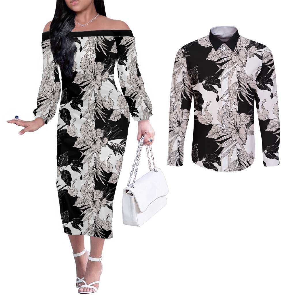 Black White Monotone Tropical Flowers Pattern Couples Matching Off The Shoulder Long Sleeve Dress and Long Sleeve Button Shirt - Polynesian Pride