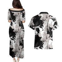 Black White Monotone Tropical Flowers Pattern Couples Matching Puletasi and Hawaiian Shirt - Polynesian Pride