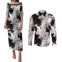 Black White Monotone Tropical Flowers Pattern Couples Matching Puletasi and Long Sleeve Button Shirt - Polynesian Pride