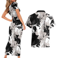 Black White Monotone Tropical Flowers Pattern Couples Matching Short Sleeve Bodycon Dress and Hawaiian Shirt - Polynesian Pride