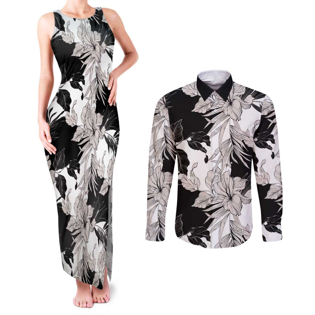 Black White Monotone Tropical Flowers Pattern Couples Matching Tank Maxi Dress and Long Sleeve Button Shirt - Polynesian Pride