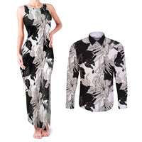 Black White Monotone Tropical Flowers Pattern Couples Matching Tank Maxi Dress and Long Sleeve Button Shirt - Polynesian Pride