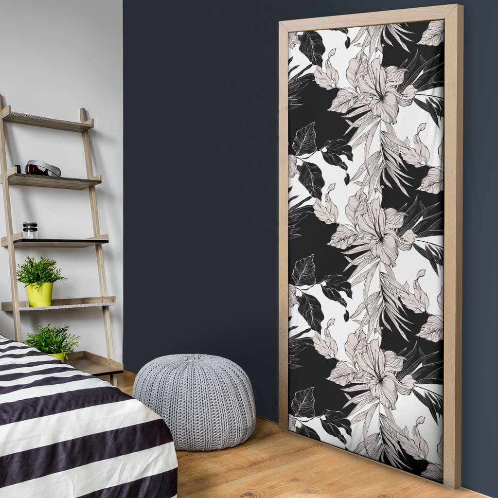 Black White Monotone Tropical Flowers Pattern Door Cover - Polynesian Pride