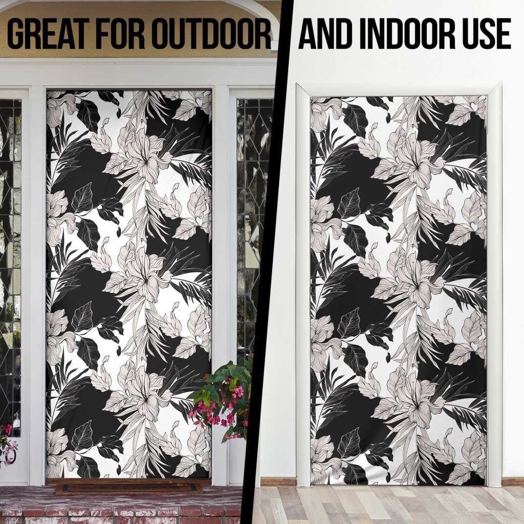 Black White Monotone Tropical Flowers Pattern Door Cover - Polynesian Pride