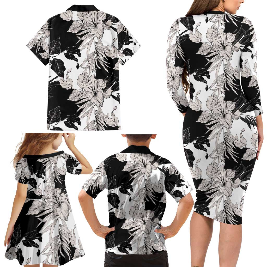 Black White Monotone Tropical Flowers Pattern Family Matching Long Sleeve Bodycon Dress and Hawaiian Shirt - Polynesian Pride