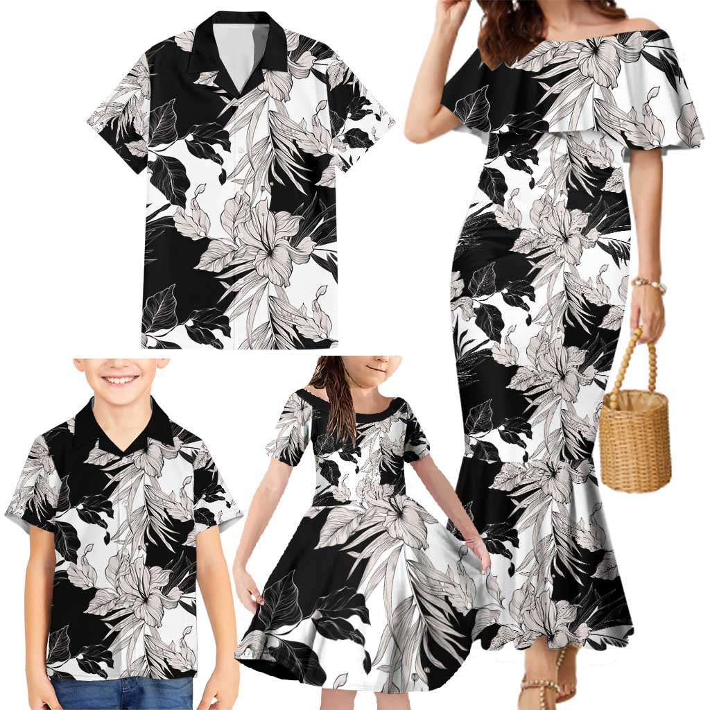 Black White Monotone Tropical Flowers Pattern Family Matching Mermaid Dress and Hawaiian Shirt - Polynesian Pride
