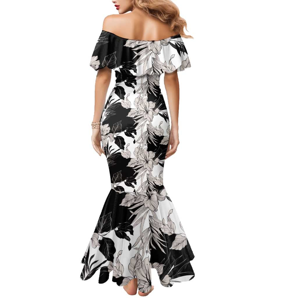 Black White Monotone Tropical Flowers Pattern Family Matching Mermaid Dress and Hawaiian Shirt - Polynesian Pride