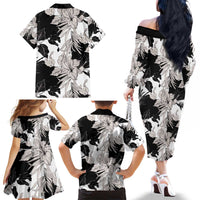 Black White Monotone Tropical Flowers Pattern Family Matching Off The Shoulder Long Sleeve Dress and Hawaiian Shirt - Polynesian Pride