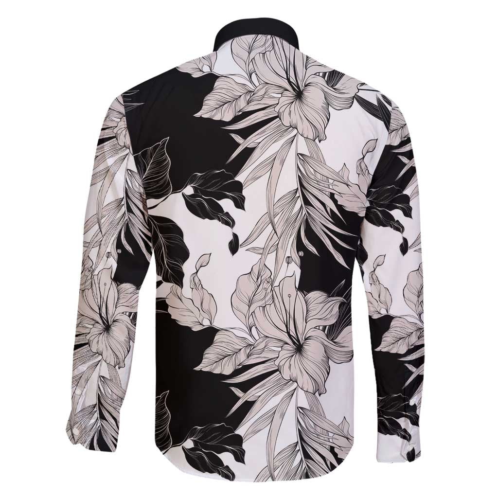 Black White Monotone Tropical Flowers Pattern Family Matching Off Shoulder Maxi Dress and Hawaiian Shirt - Polynesian Pride
