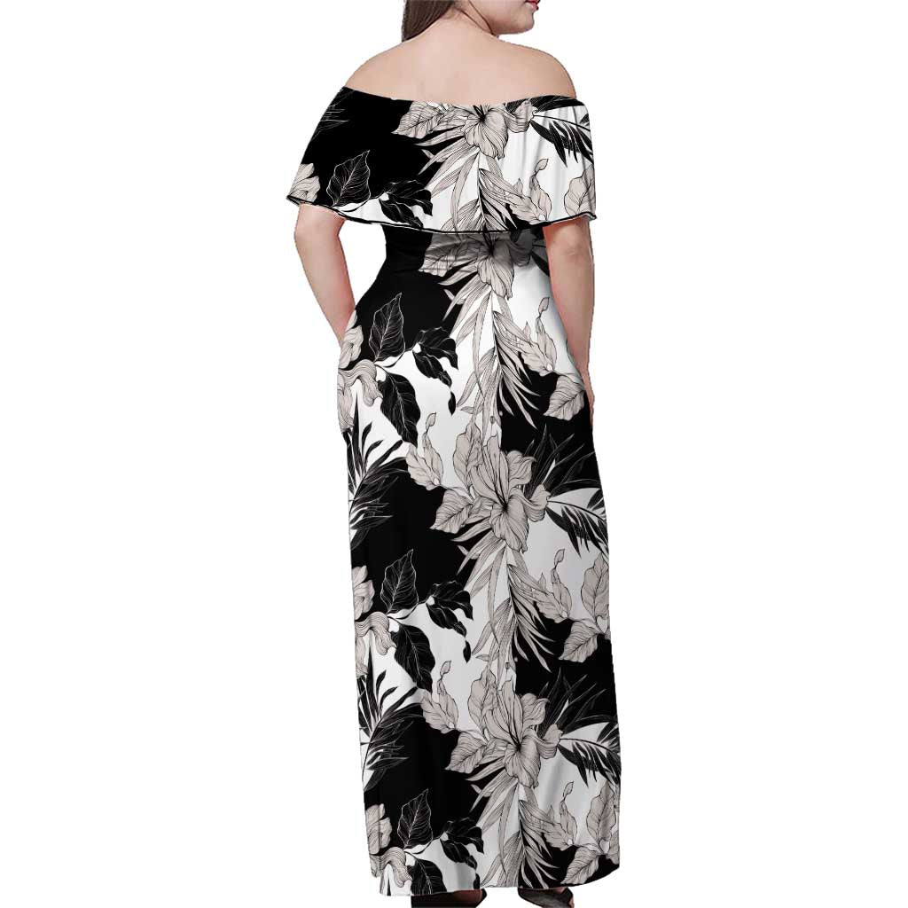 Black White Monotone Tropical Flowers Pattern Family Matching Off Shoulder Maxi Dress and Hawaiian Shirt - Polynesian Pride