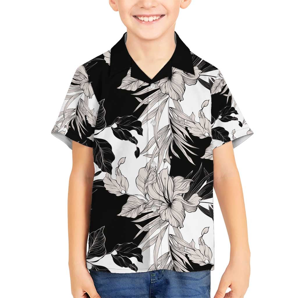 Black White Monotone Tropical Flowers Pattern Family Matching Off Shoulder Maxi Dress and Hawaiian Shirt - Polynesian Pride