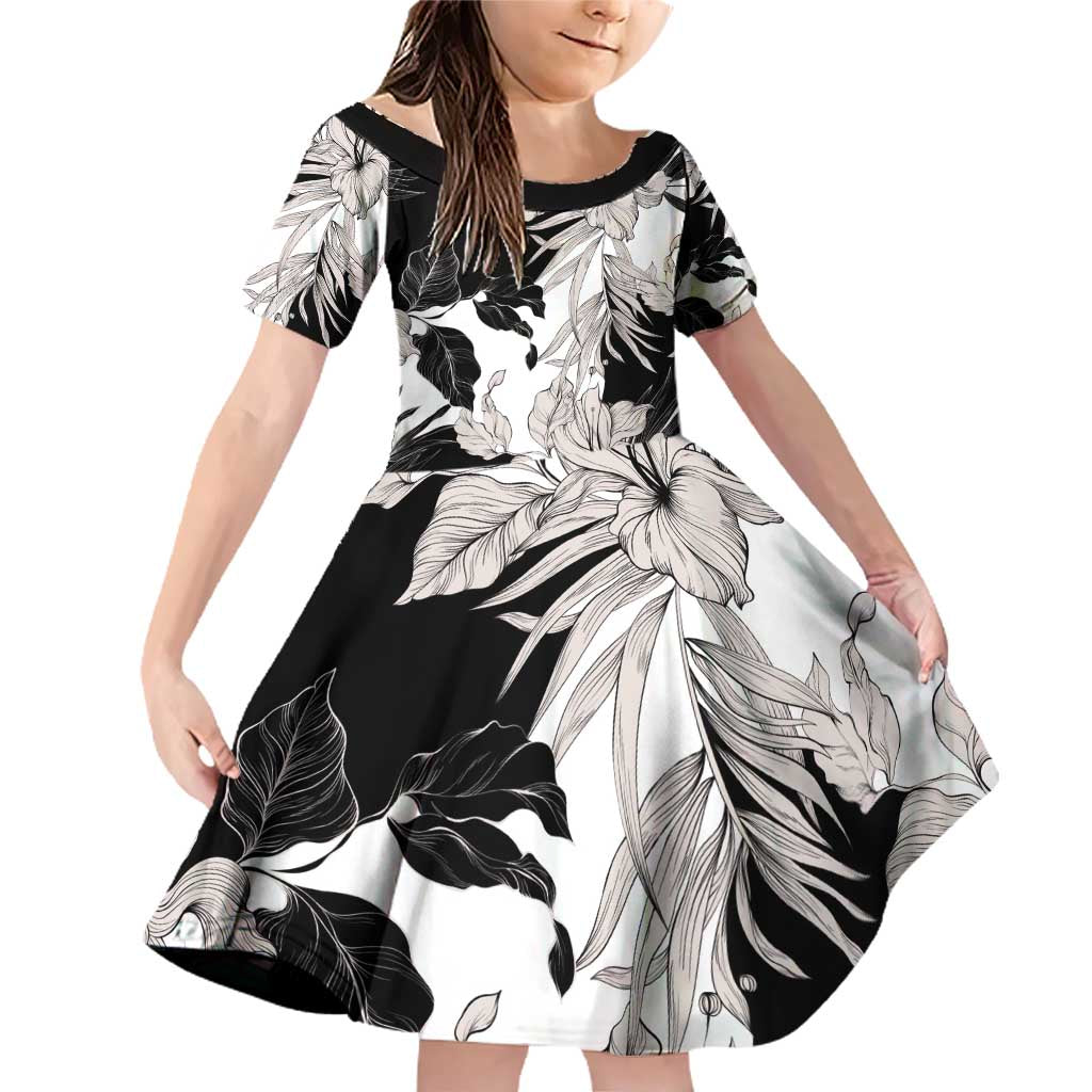 Black White Monotone Tropical Flowers Pattern Family Matching Off Shoulder Short Dress and Hawaiian Shirt - Polynesian Pride