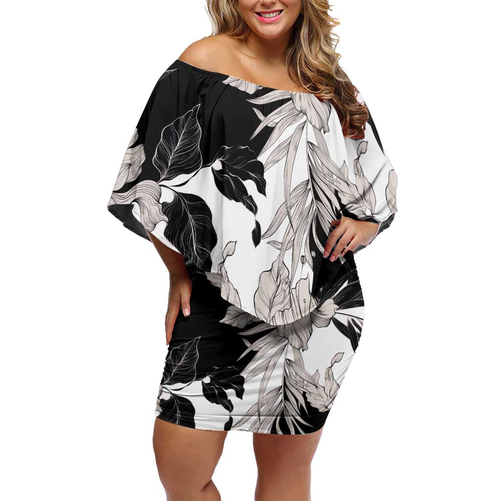 Black White Monotone Tropical Flowers Pattern Family Matching Off Shoulder Short Dress and Hawaiian Shirt - Polynesian Pride