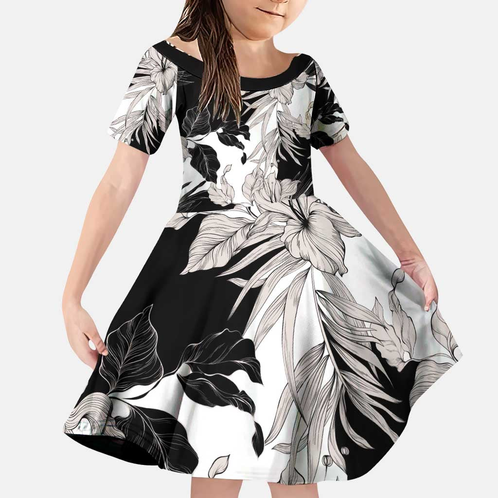 Black White Monotone Tropical Flowers Pattern Family Matching Puletasi and Hawaiian Shirt - Polynesian Pride