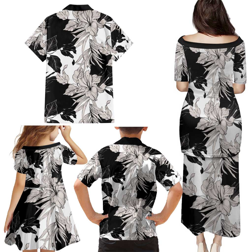 Black White Monotone Tropical Flowers Pattern Family Matching Puletasi and Hawaiian Shirt - Polynesian Pride