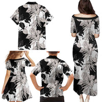Black White Monotone Tropical Flowers Pattern Family Matching Puletasi and Hawaiian Shirt - Polynesian Pride
