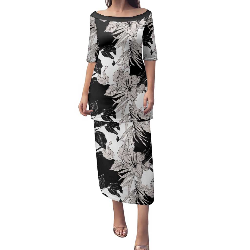 Black White Monotone Tropical Flowers Pattern Family Matching Puletasi and Hawaiian Shirt - Polynesian Pride