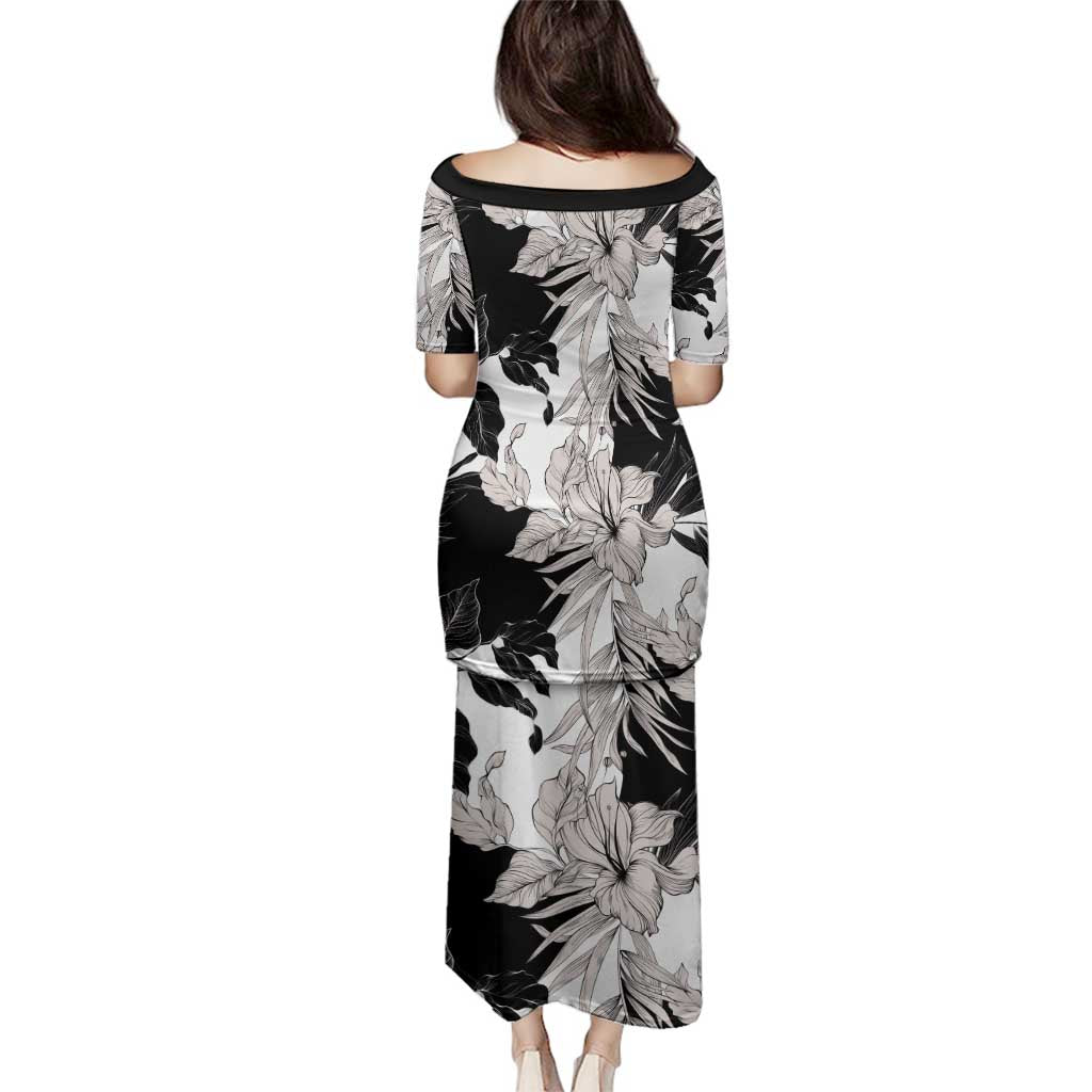 Black White Monotone Tropical Flowers Pattern Family Matching Puletasi and Hawaiian Shirt - Polynesian Pride