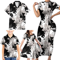 Black White Monotone Tropical Flowers Pattern Family Matching Short Sleeve Bodycon Dress and Hawaiian Shirt - Polynesian Pride